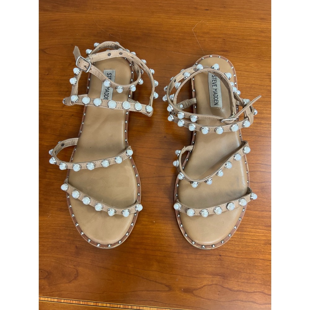 Steve Madden‎ Skyler Tan Pearl Studded Gladiator Flat Sandals Womens 8.5